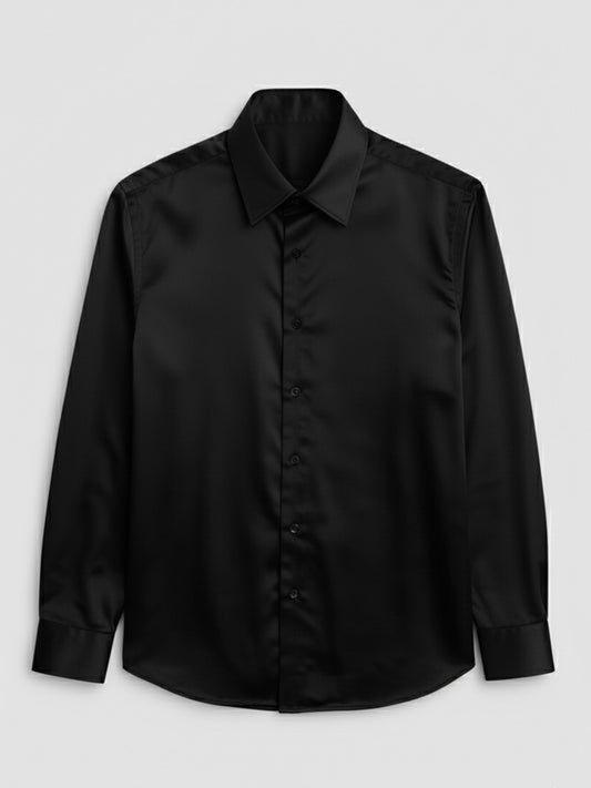 A classic black long-sleeved dress shirt with a pointed collar, shown on a mannequin.
