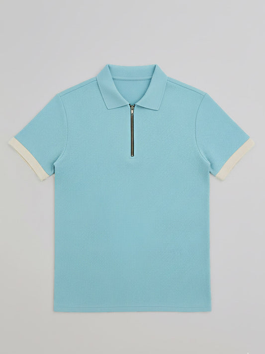 Misty Blue Ribbed Quarter-Zipper Polo Tee