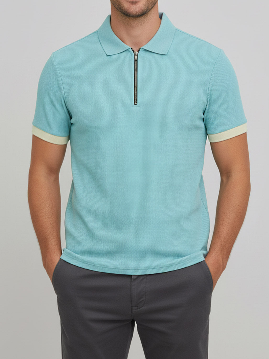 Misty Blue Ribbed Quarter-Zipper Polo Tee