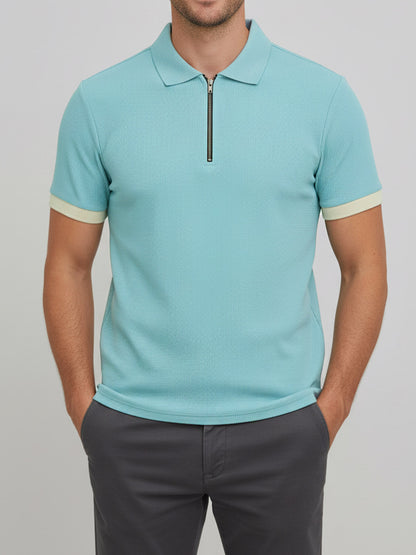 Misty Blue Ribbed Quarter-Zipper Polo Tee