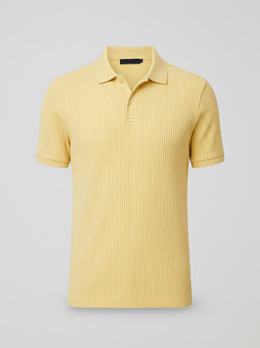 A sunny yellow short-sleeved polo shirt with a ribbed texture, a polo collar, and a two-button placket.