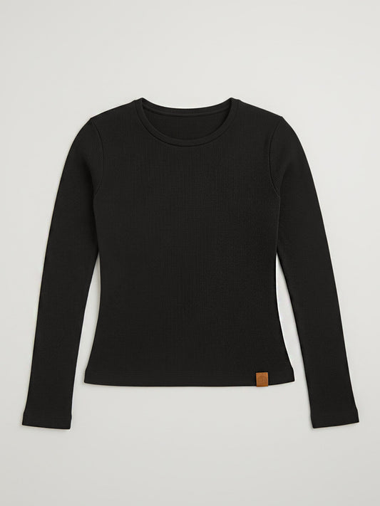 Black Ribbed Full Sleeve Top