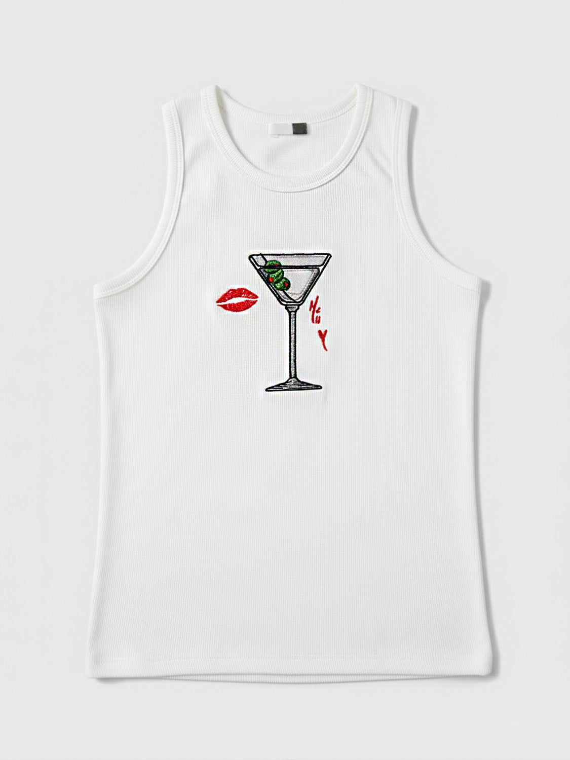 White Ribbed Cocktail Embroidered Tank Top