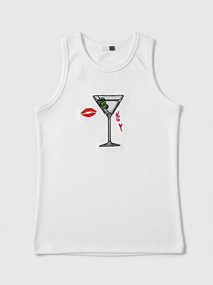 White Ribbed Cocktail Embroidered Tank Top