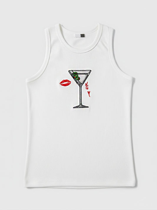 White Ribbed Cocktail Embroidered Tank Top
