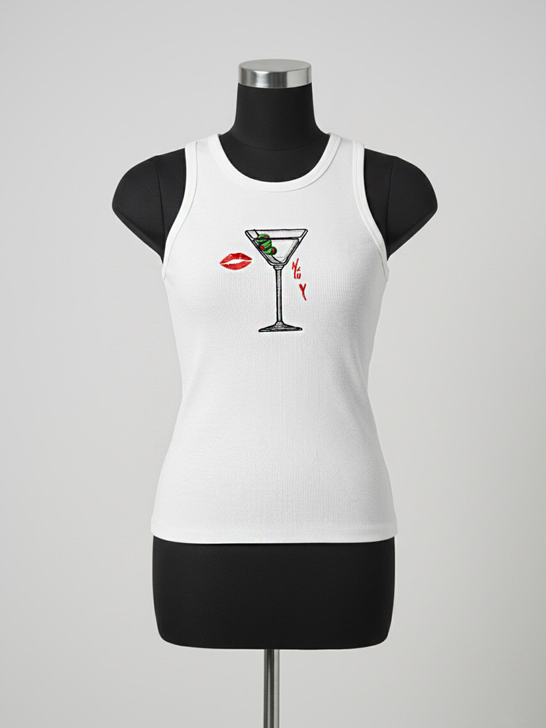 White Ribbed Cocktail Embroidered Tank Top