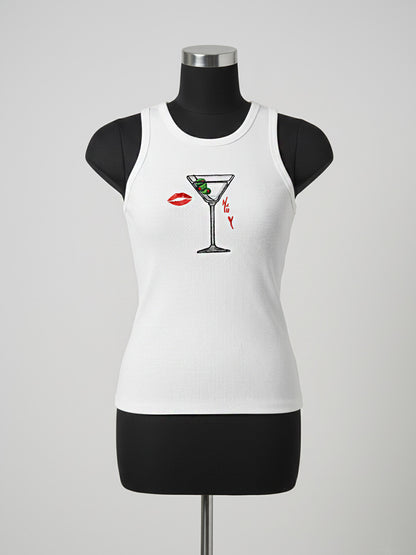 White Ribbed Cocktail Embroidered Tank Top